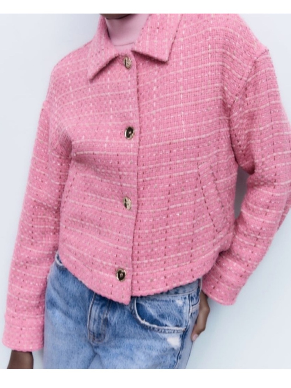Zara Pink Tweed Boxy Blazer Jacket